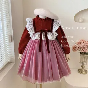 2023 Spring Autumn New Toddler Infant Kids Baby Girls Solid Corduroy Long Sleeve round Neck Vintage Lace Dress Children Wear