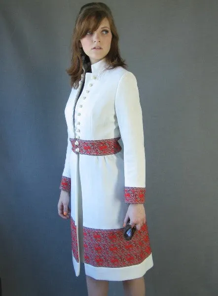 60s Mod Dress & Coat Set Women's Vintage Nehru Collar Paisley Trim Small to Medium VFG