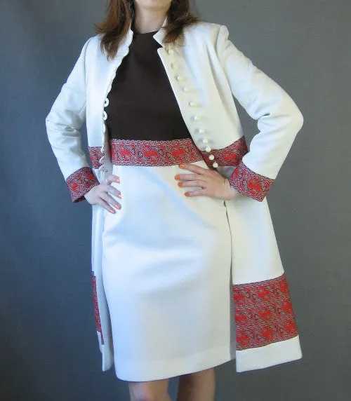 60s Mod Dress & Coat Set Women's Vintage Nehru Collar Paisley Trim Small to Medium VFG