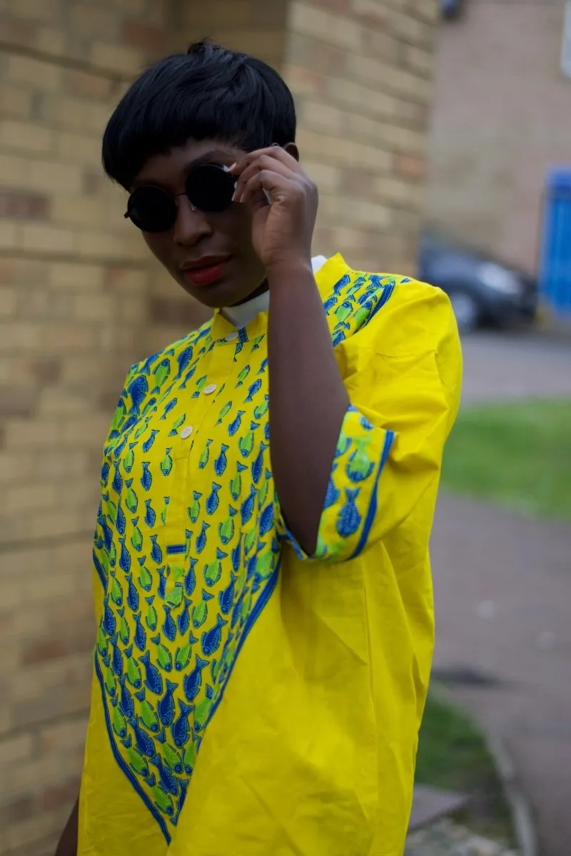 African Shirt in Yellow Ankara Print - Festival Shirt