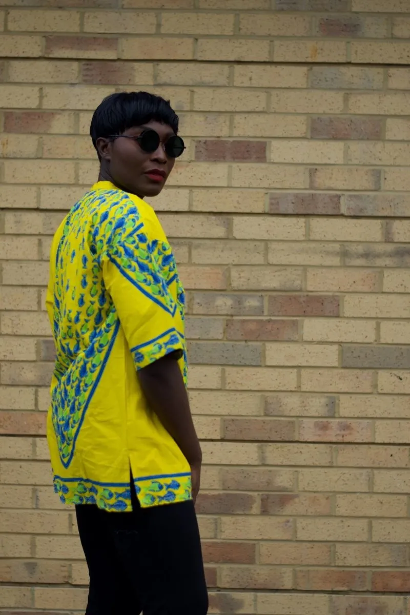 African Shirt in Yellow Ankara Print - Festival Shirt