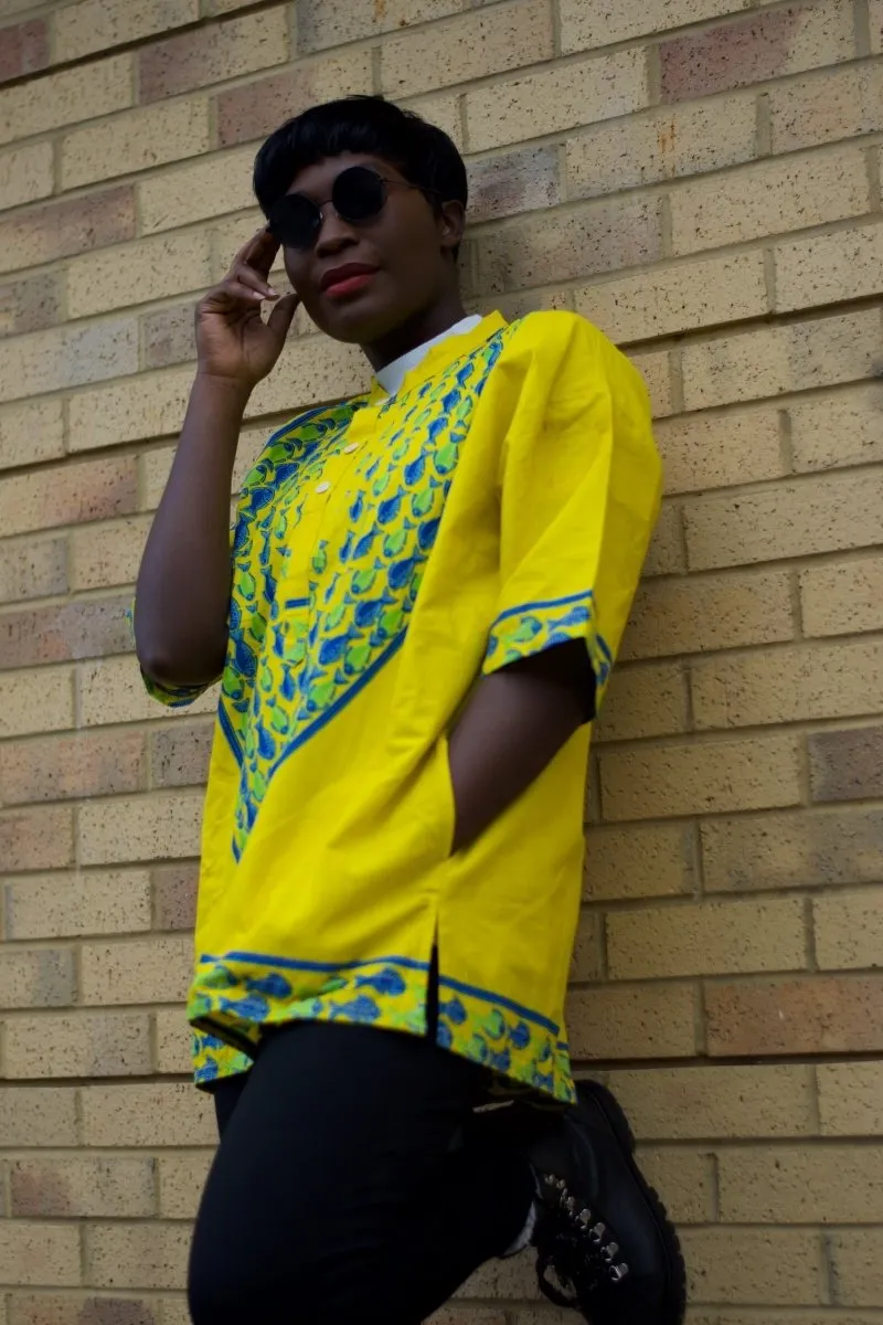 African Shirt in Yellow Ankara Print - Festival Shirt