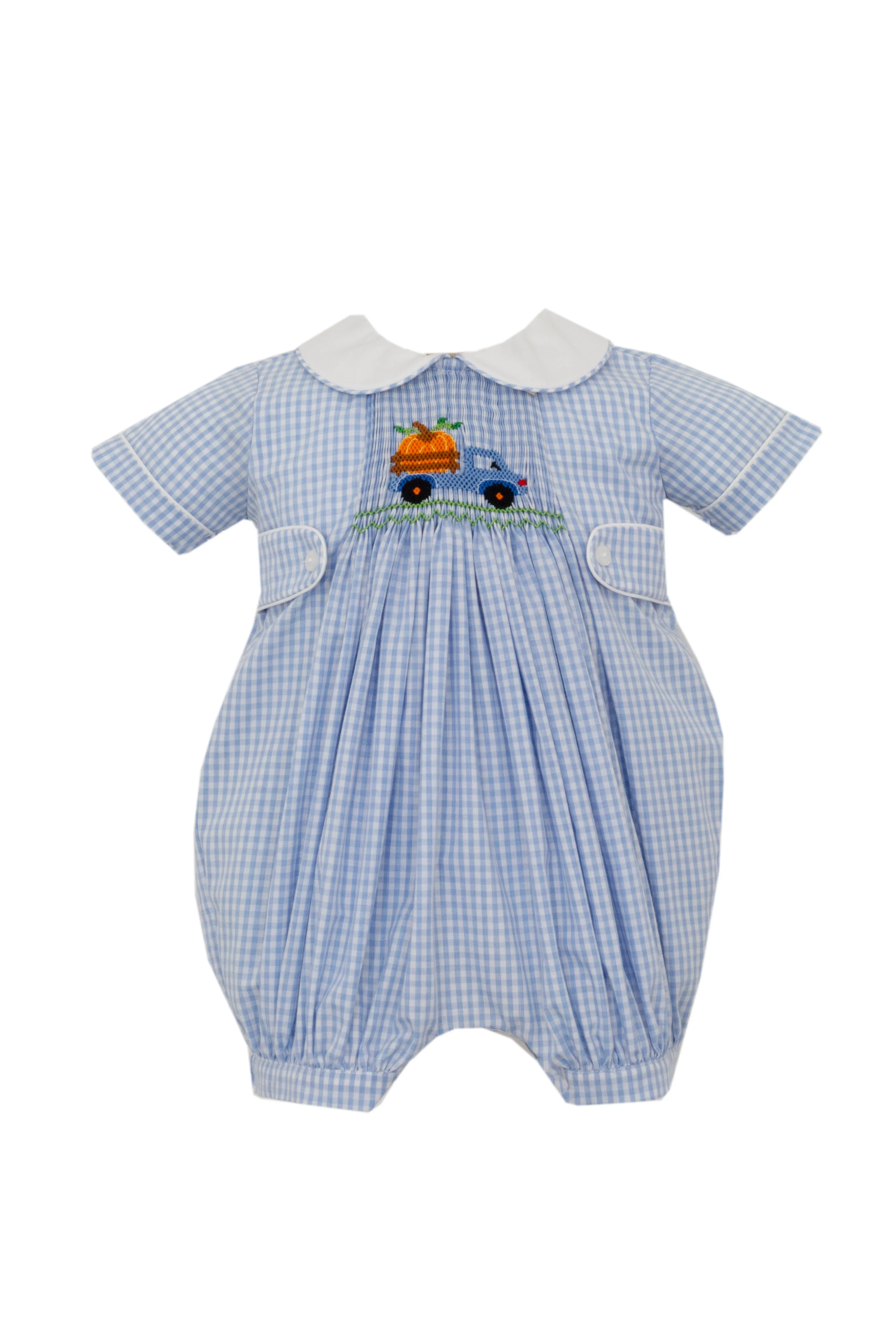 Anavini Pumpkin Truck Lt Blue Gingham Boy's Short Romper S/S 301H-0AF24 5108