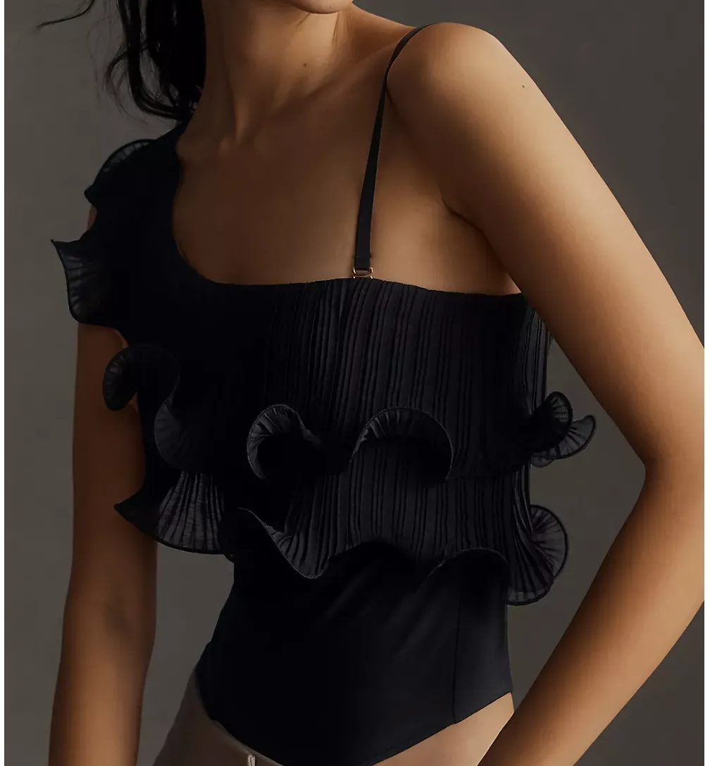 Anthropologie Black One-Shoulder Pleated Bodysuit M