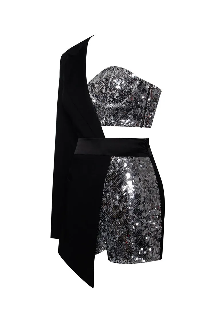 Asymmetric One Sleeve Sequin Embellished Cutout Hybrid Blazer Romper