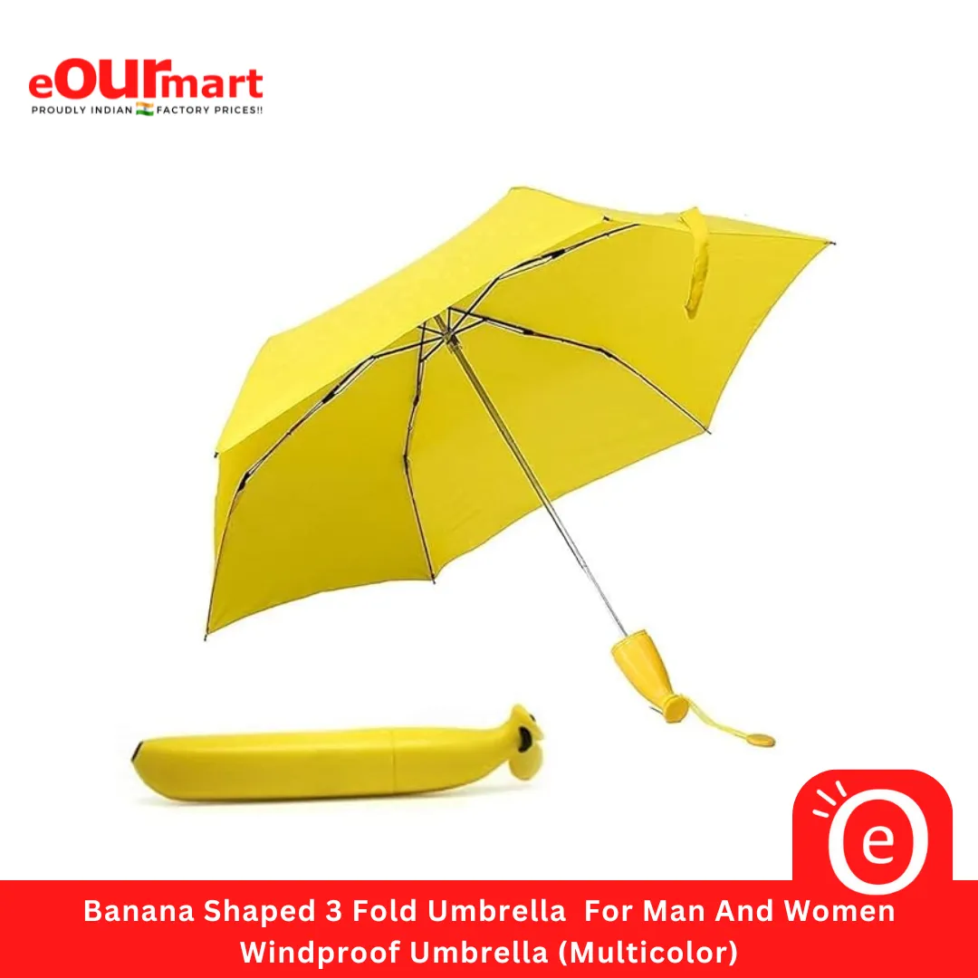 Banana Shaped 3 Fold Umbrella  For Man And Women, Windproof Umbrella (Multicolor)