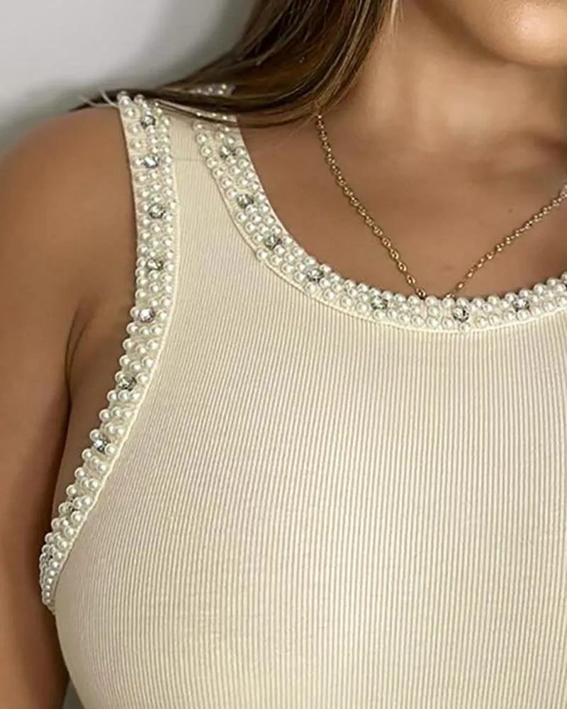 Beaded Rhinestone Decor Sleeveless Bodysuit