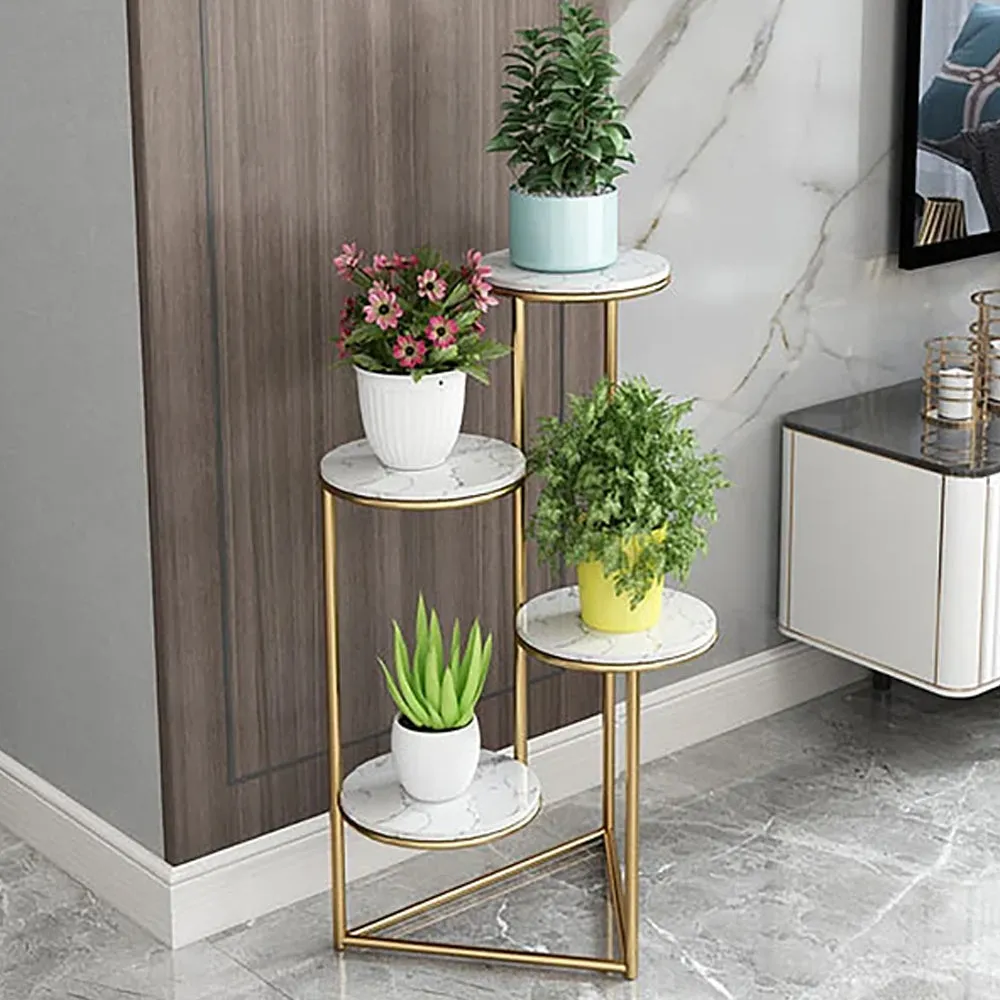 Beautiful Premium Looking Sturdy Metal Planter Stand With White Round Marble At Top - 4 Tier