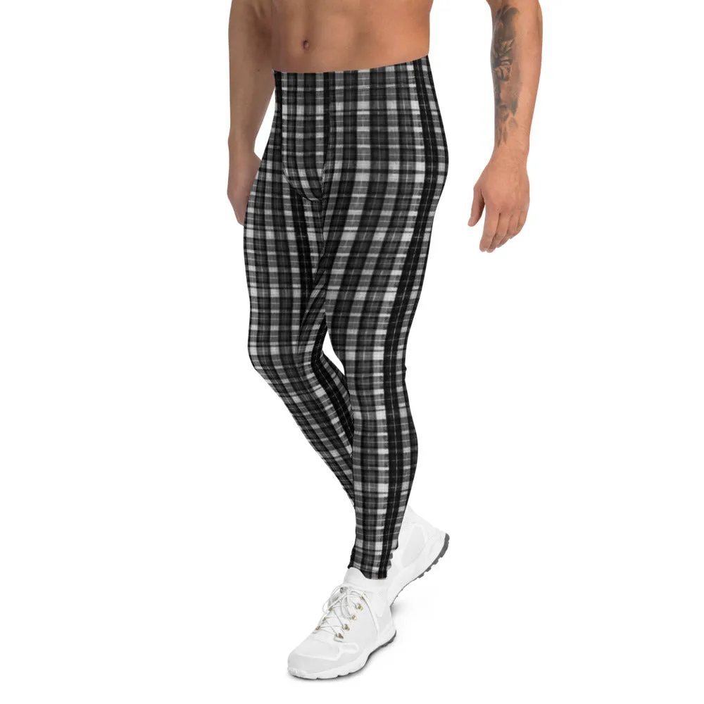 Black White Plaid Print  Meggings, Designer Tartan Plaid Printed Men's Leggings- Made in USA/ EU/ MX