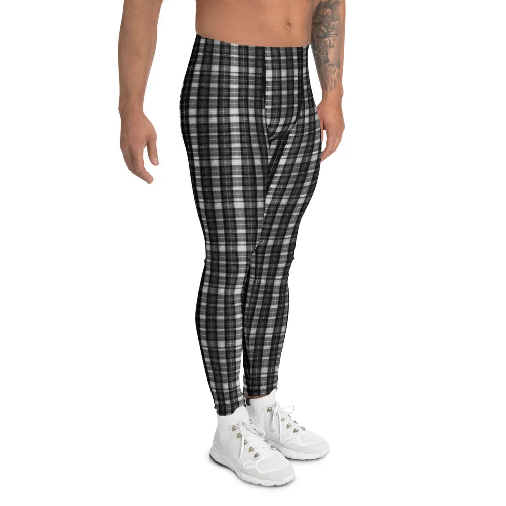 Black White Plaid Print  Meggings, Designer Tartan Plaid Printed Men's Leggings- Made in USA/ EU/ MX