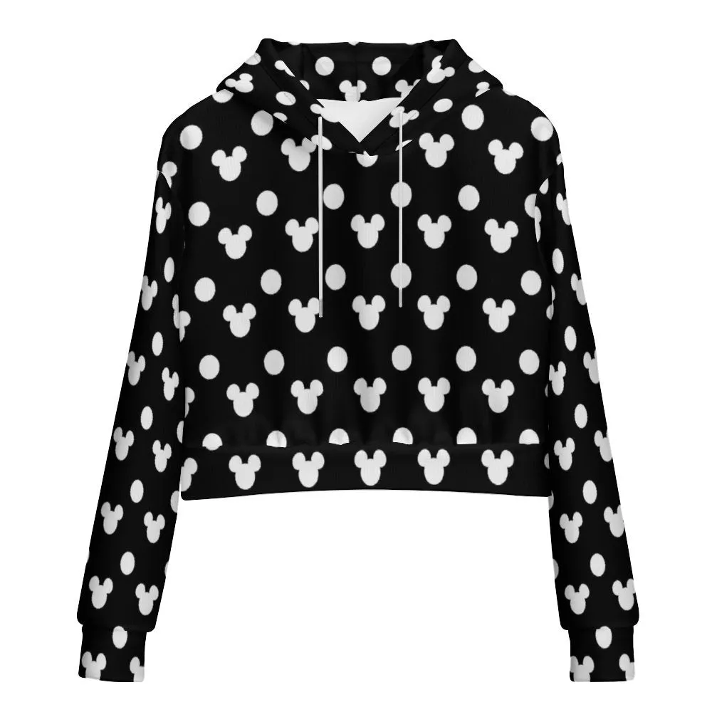 Black With White Mickey Polka Dots Women's Cropped Hoodie