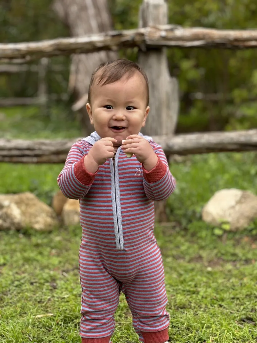 Blaine light Blue/Rust Hooded Knit Romper