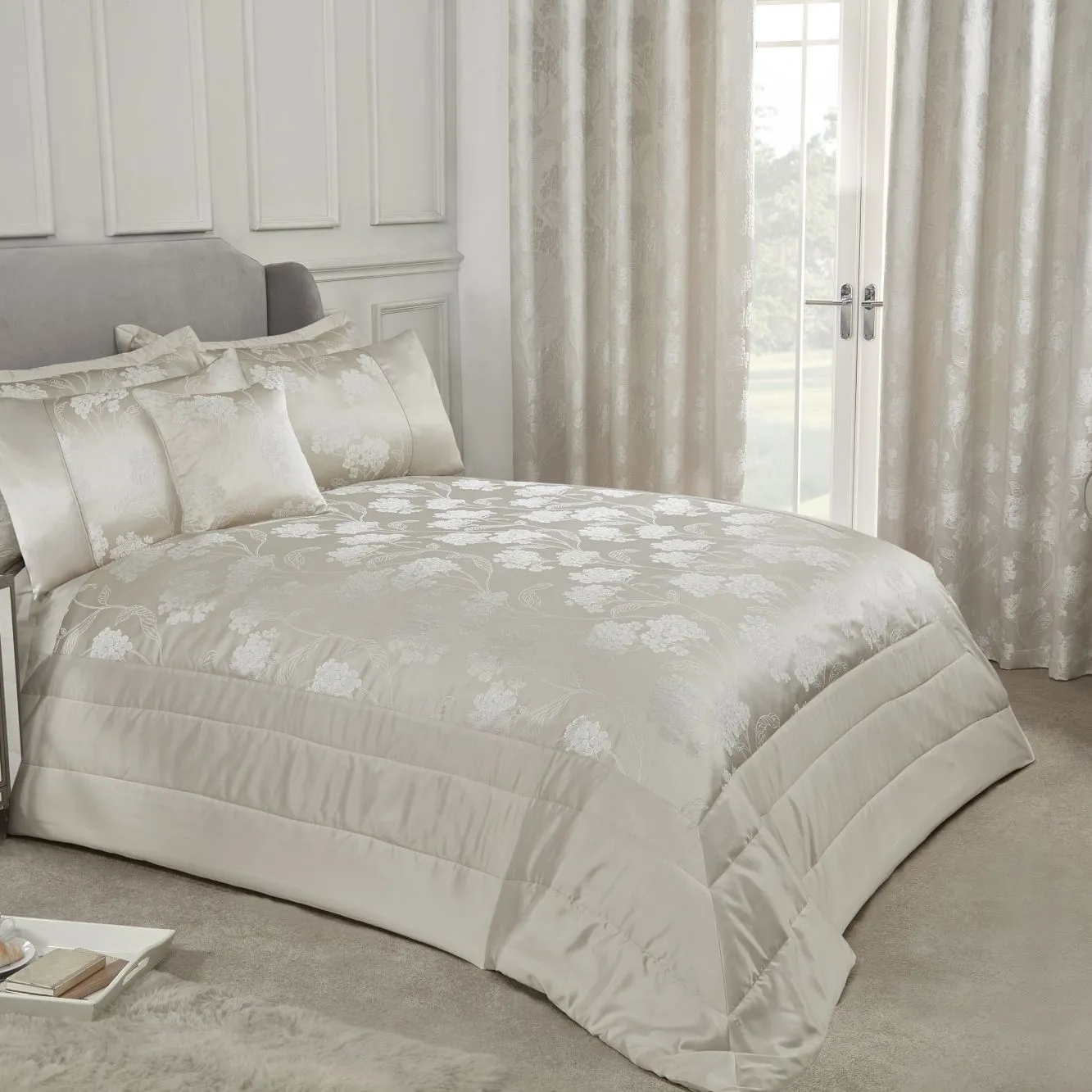 Blossom Cream Embellished Jacquard Quilted Bedspread Set (220cm x 240cm)