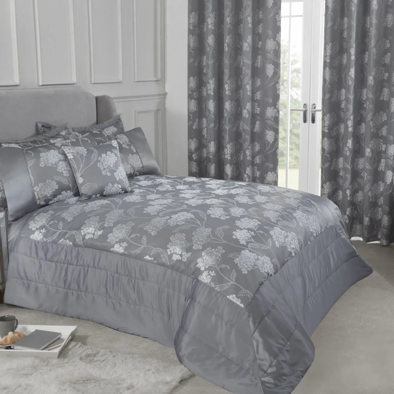 Blossom Silver Embellished Jacquard Quilted Bedspread Set (220cm x 240cm)