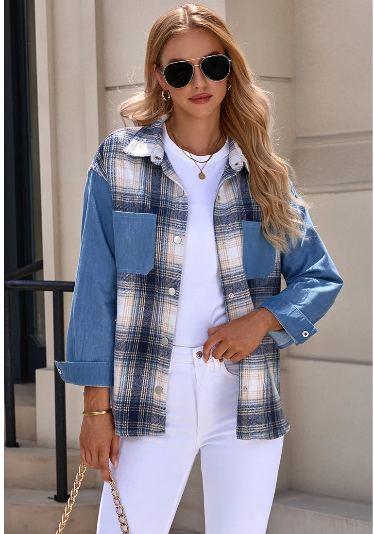 Blue Plaid Women's Brief Button Down Denim Loose Plaid Flannel Shirt Coats Jackets