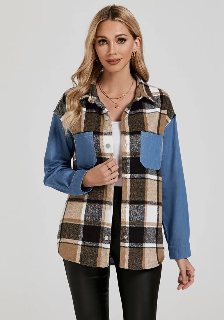 Brown Plaid Women's Brief Button Down Denim Loose Plaid Flannel Shirt Coats Jackets