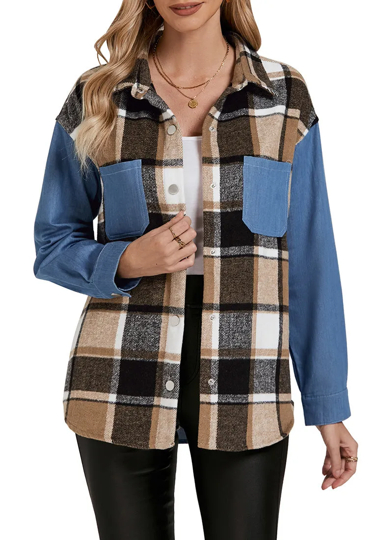 Brown Plaid Women's Brief Button Down Denim Loose Plaid Flannel Shirt Coats Jackets