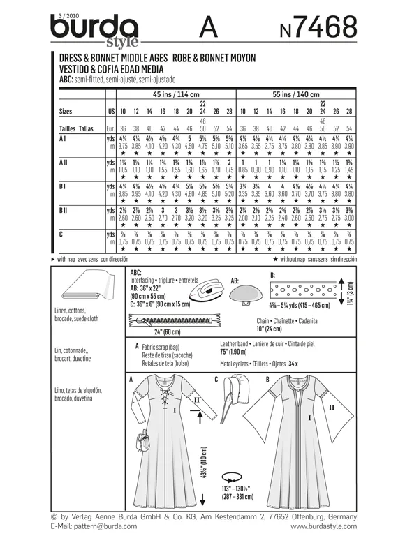 Burda 7468 Womens' Middle Ages Dress and Bonnet Pattern