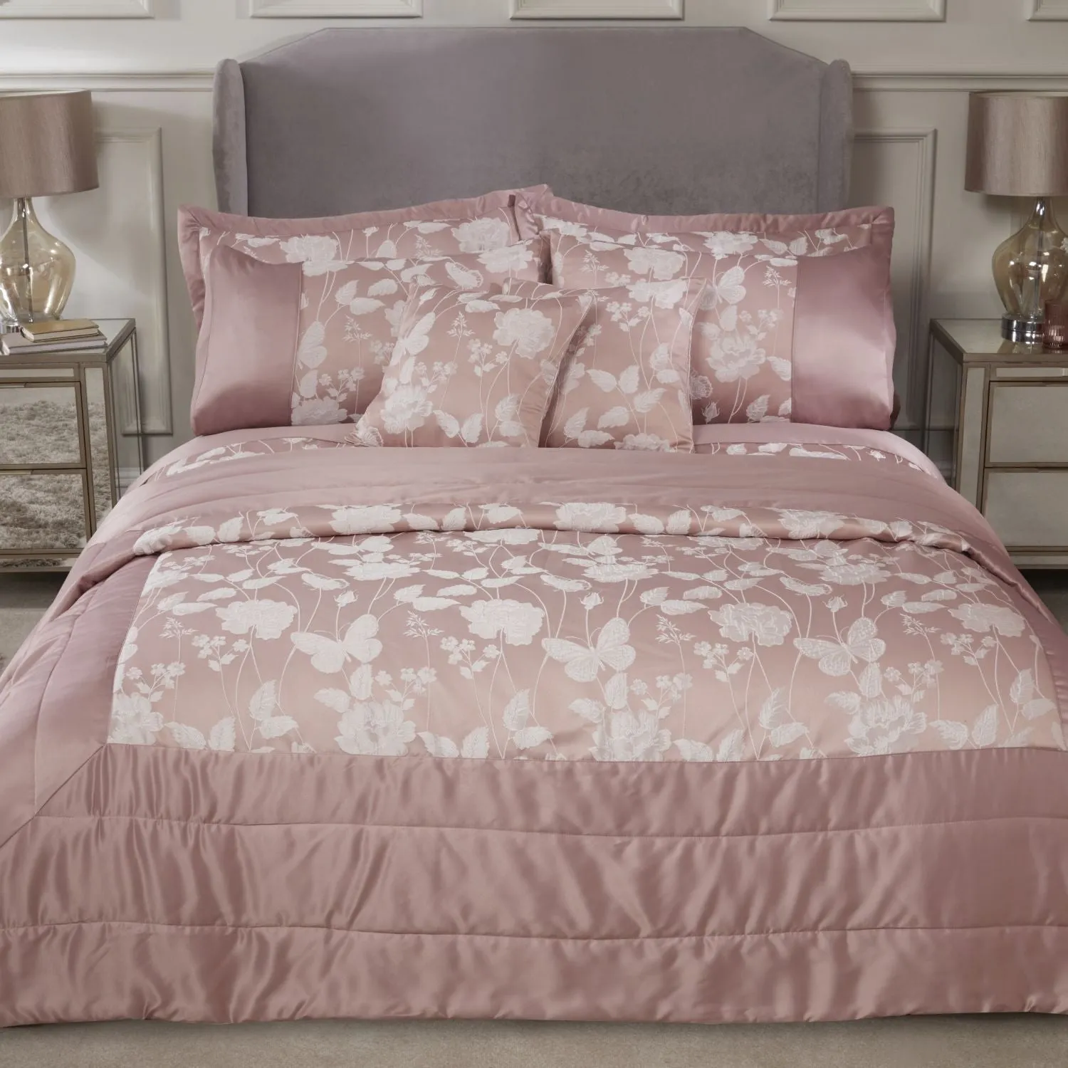 Butterfly Meadow Blush Pink Embellished Jacquard Quilted Bedspread Set