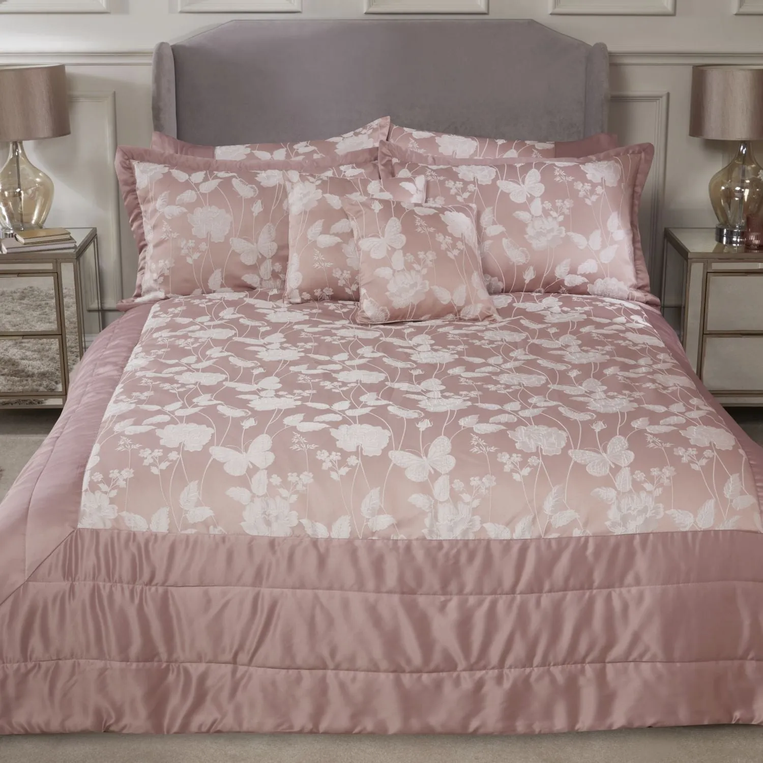 Butterfly Meadow Blush Pink Embellished Jacquard Quilted Bedspread Set