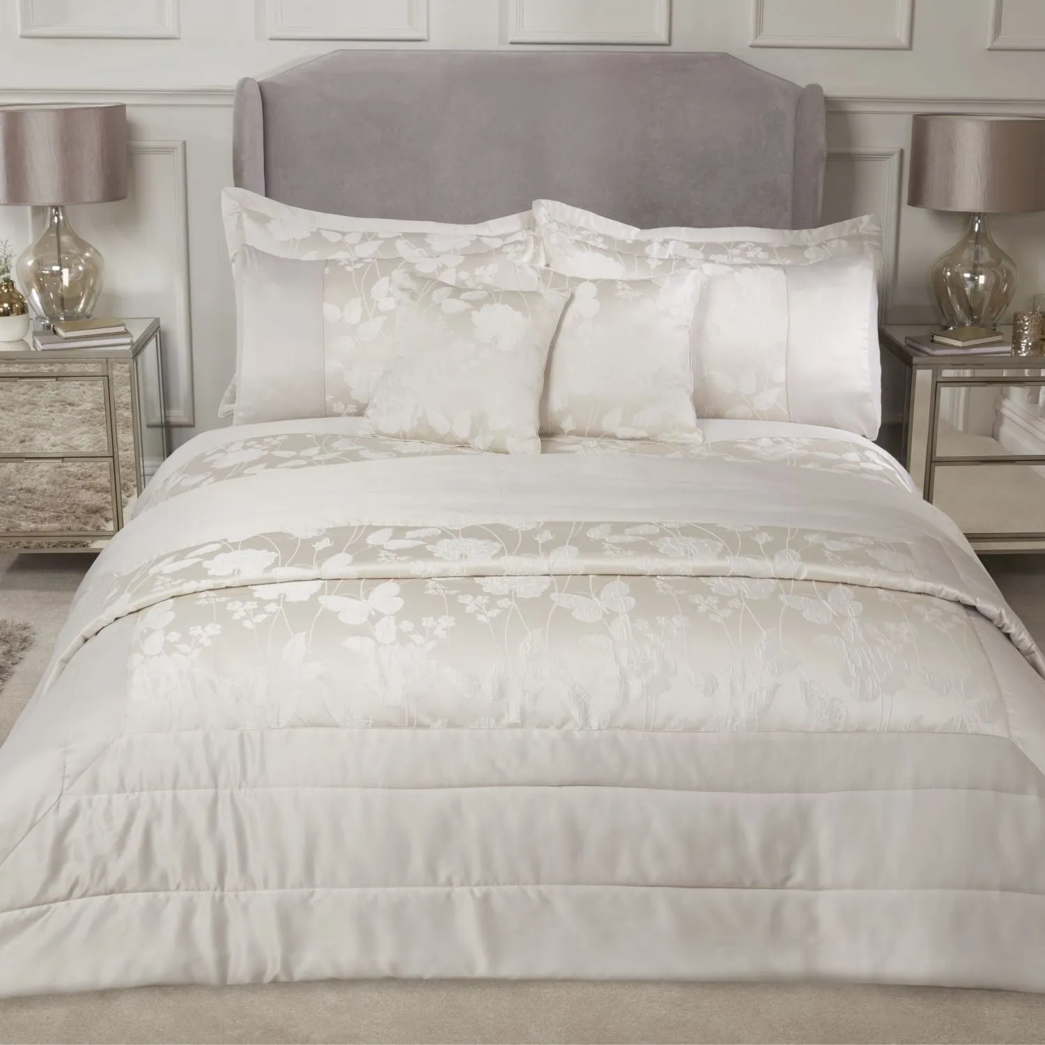 Butterfly Meadow Cream Embellished Jacquard Quilted Bedspread Set