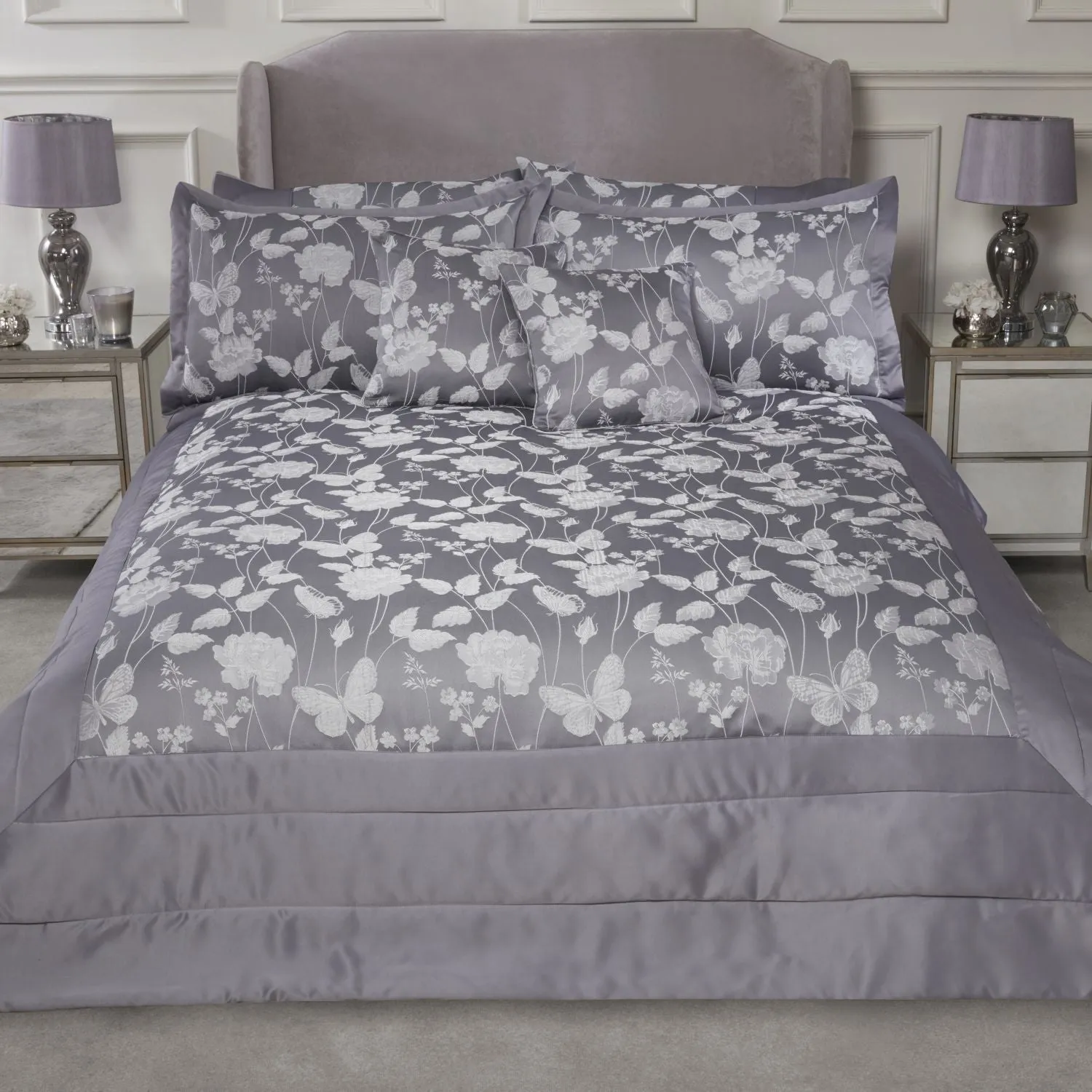 Butterfly Meadow Silver Embellished Jacquard Quilted Bedspread Set