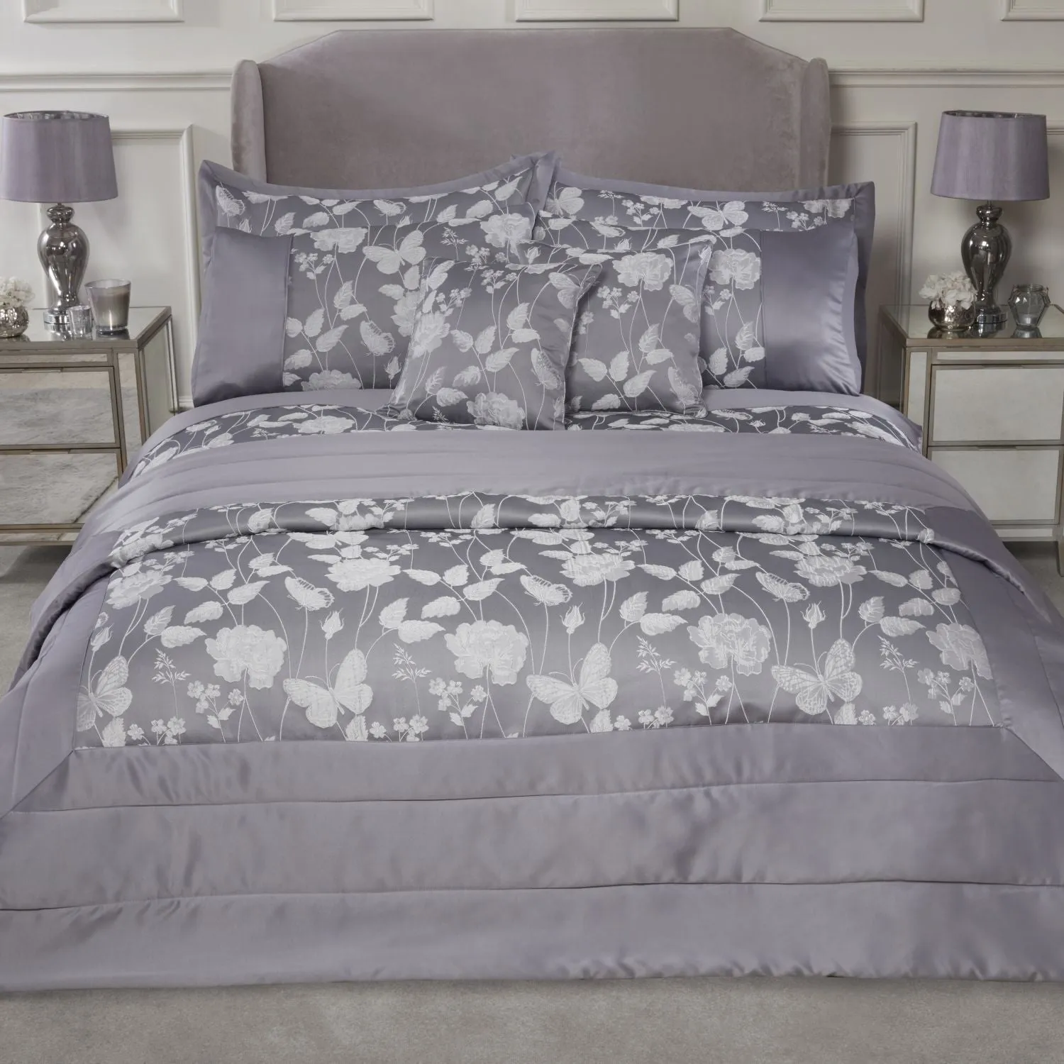 Butterfly Meadow Silver Embellished Jacquard Quilted Bedspread Set