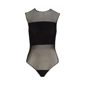 Chic Mesh Signature Paneled Black Bodysuit