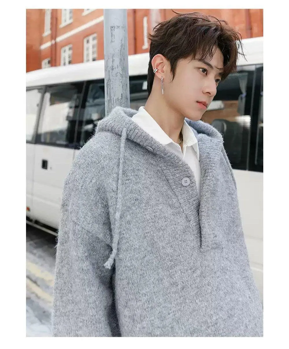 Chuan Drawstring Half-Buttons Knitted Hoodie