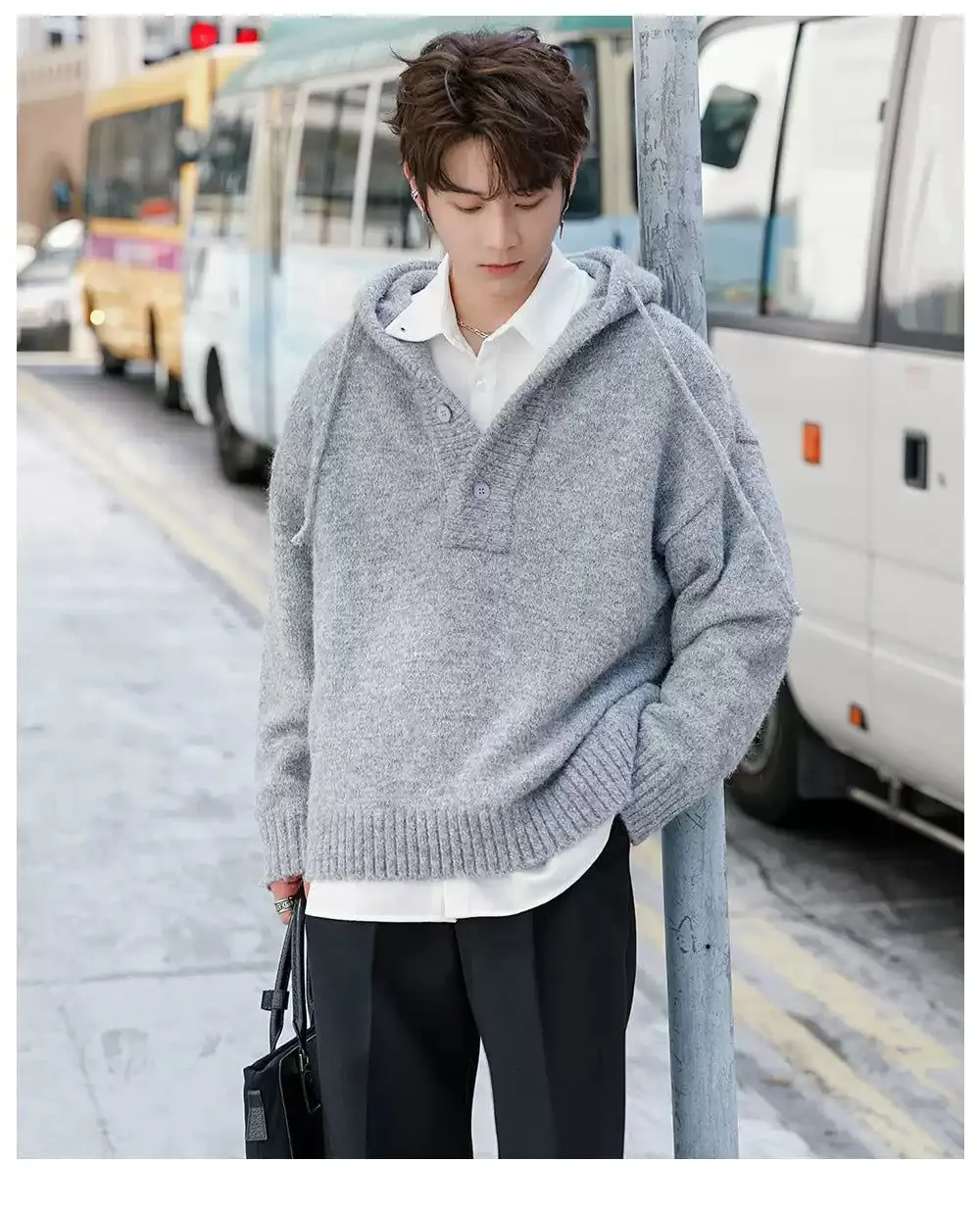 Chuan Drawstring Half-Buttons Knitted Hoodie