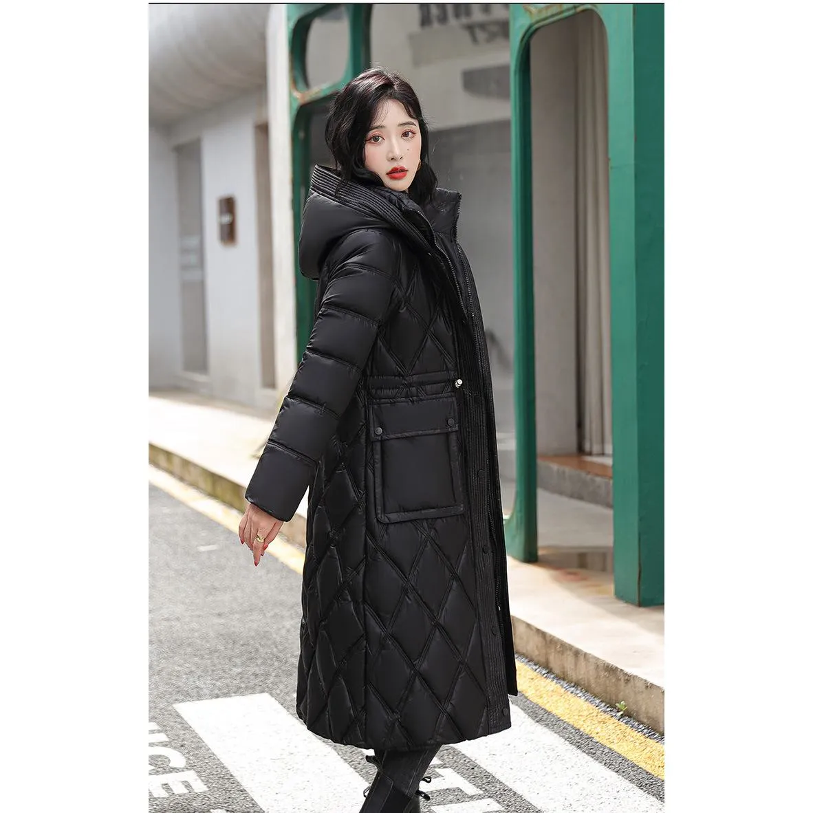 Cinched Waist Windproof Quilted Puffer Coat