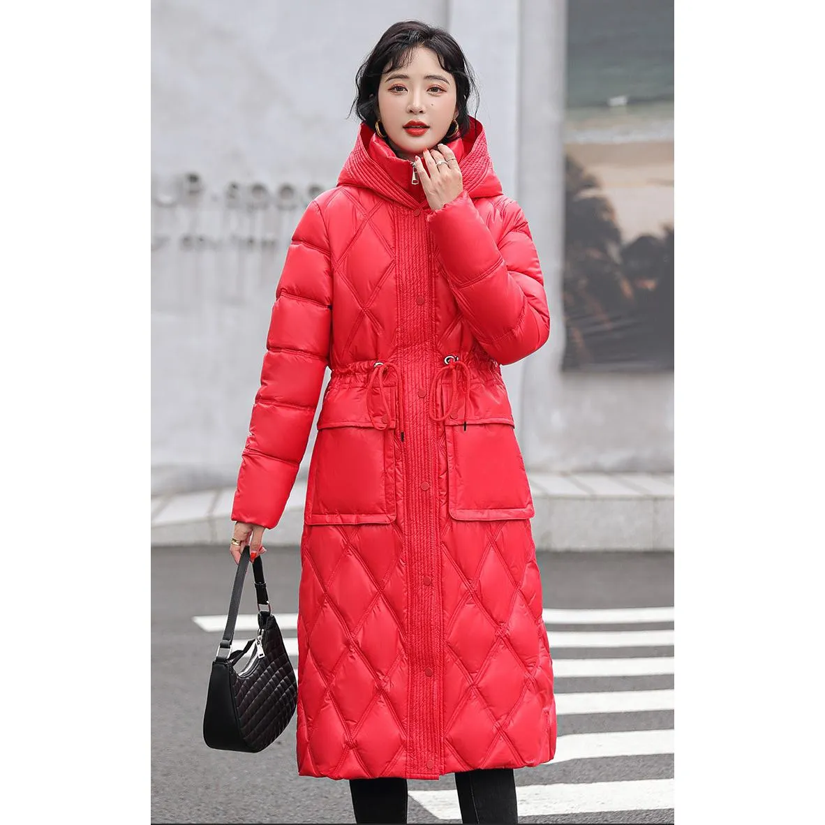 Cinched Waist Windproof Quilted Puffer Coat