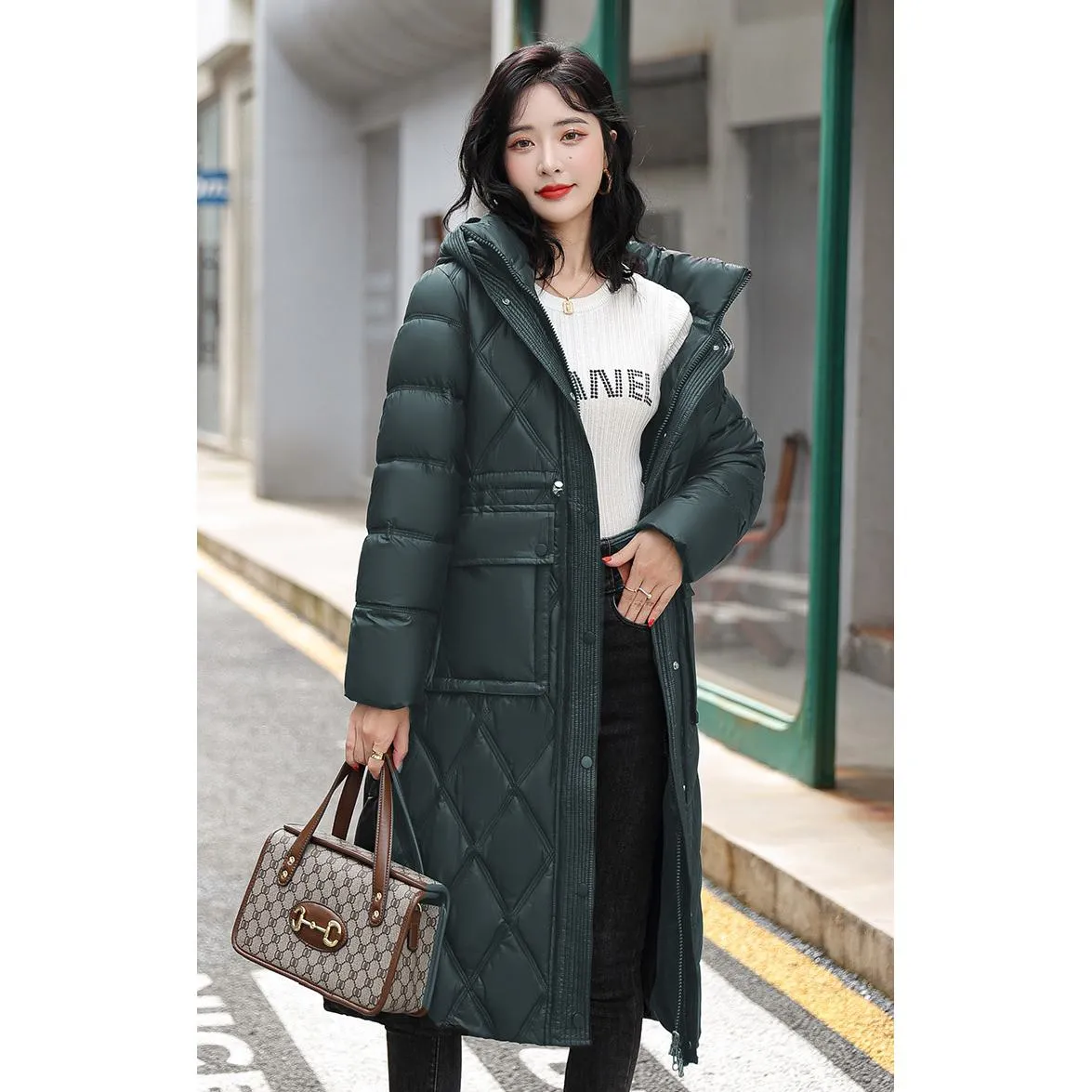 Cinched Waist Windproof Quilted Puffer Coat