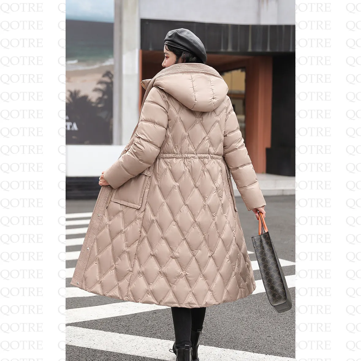 Cinched Waist Windproof Quilted Puffer Coat