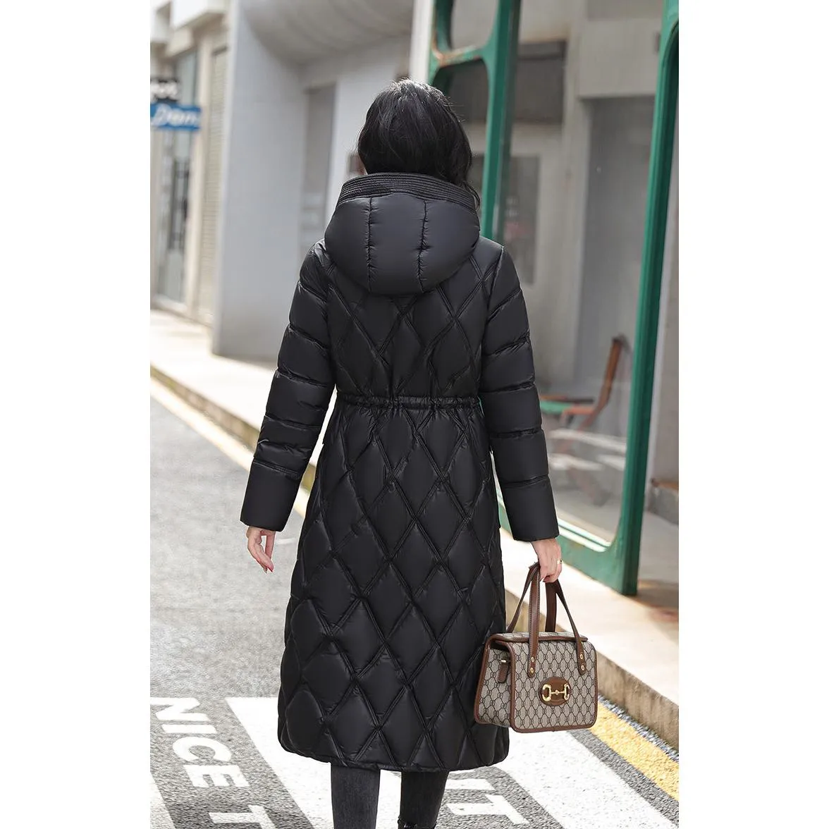 Cinched Waist Windproof Quilted Puffer Coat