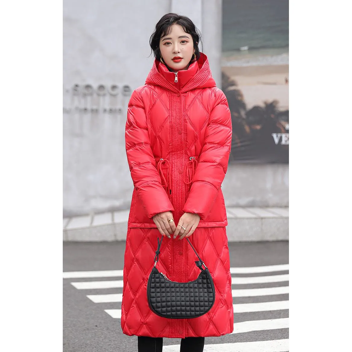 Cinched Waist Windproof Quilted Puffer Coat