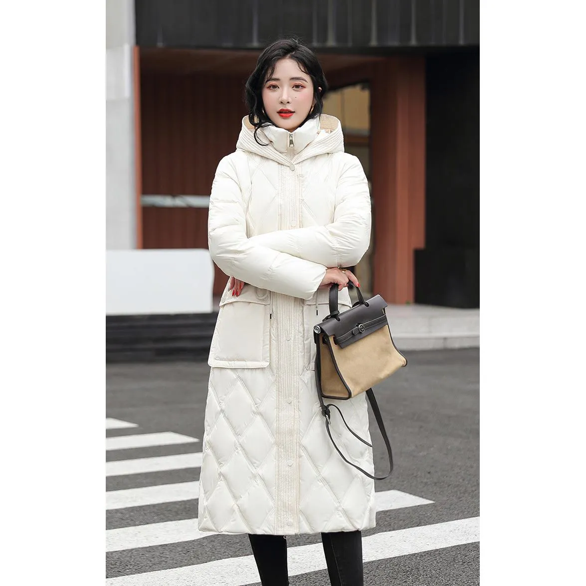 Cinched Waist Windproof Quilted Puffer Coat