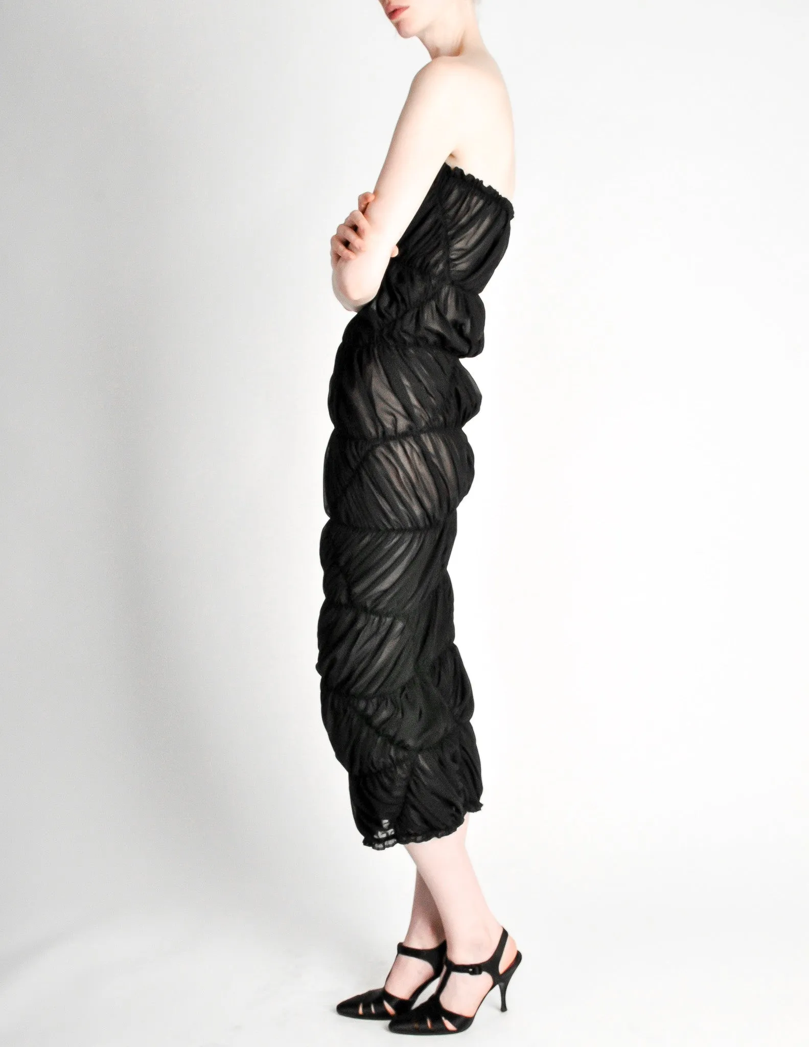 Comme des Garçons Vintage Black Sheer Ruched Strapless Dress