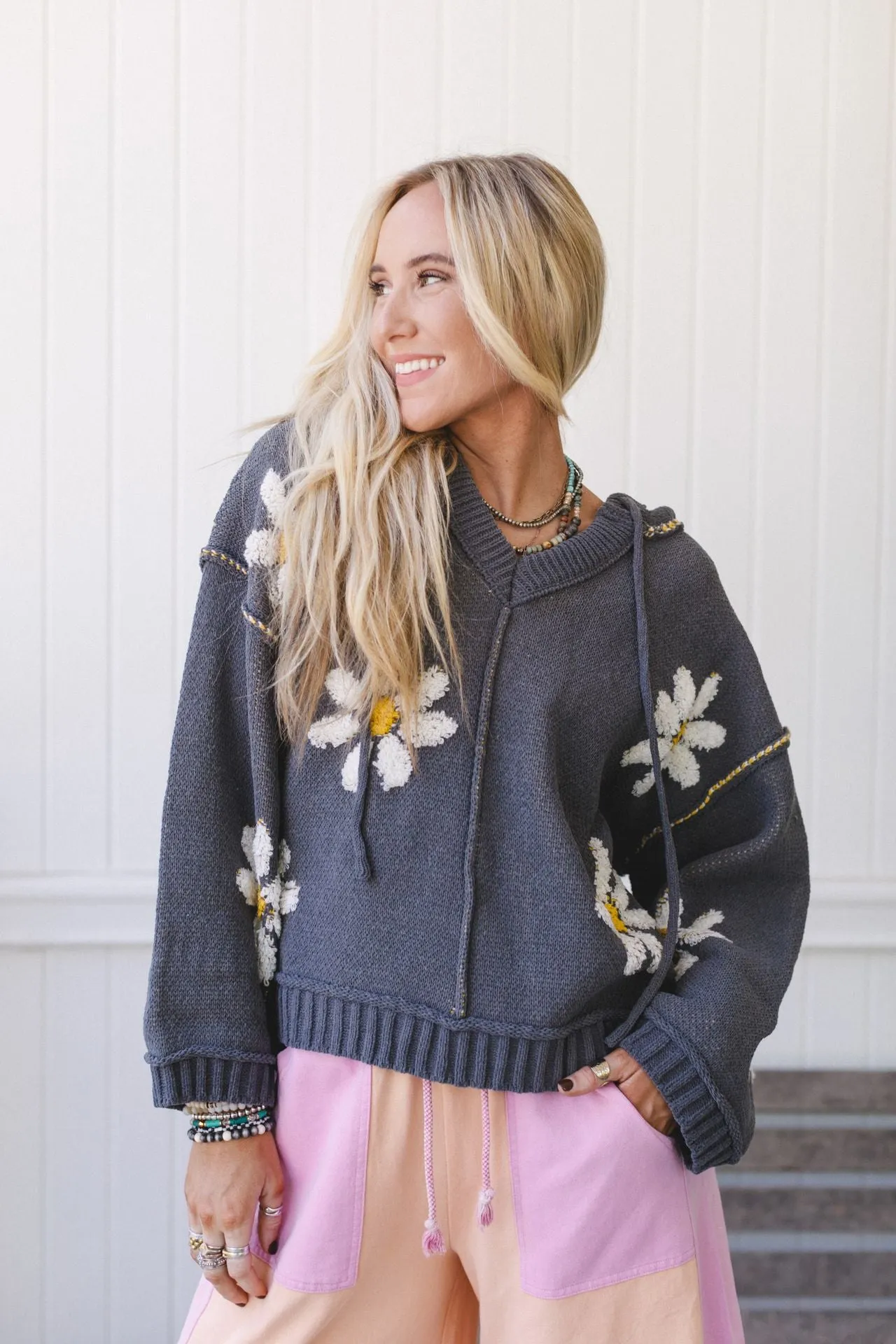 Daisy Belle Sweater Hoodie Top - Charcoal