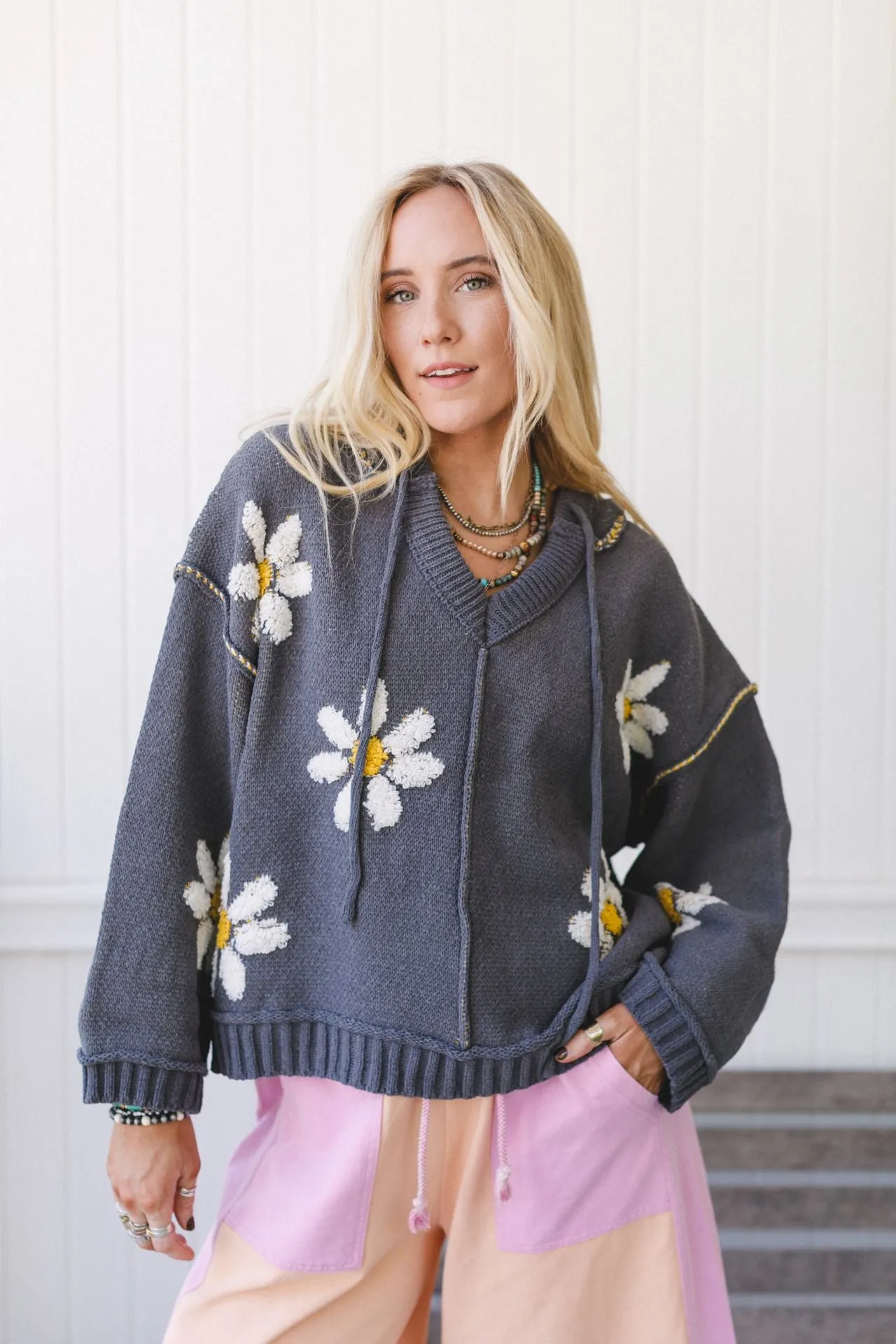 Daisy Belle Sweater Hoodie Top - Charcoal