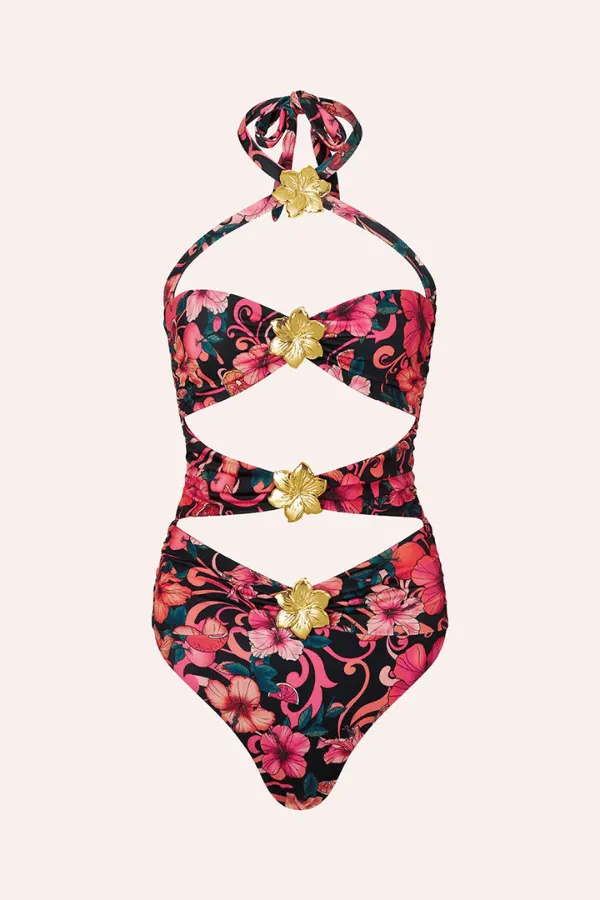 Diamond Cut-Out Swimsuit Hibiscus Pink