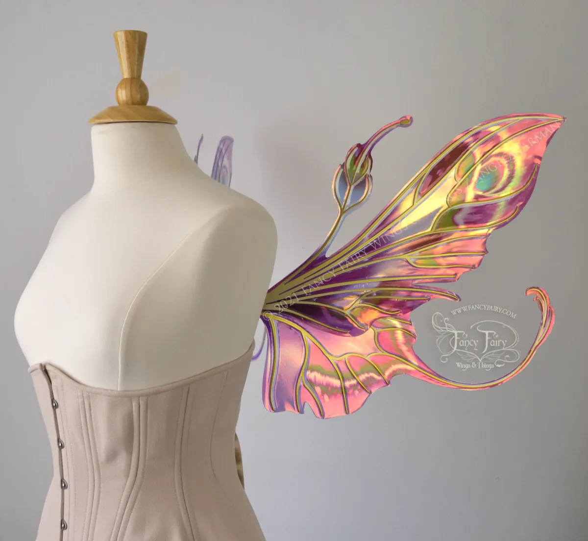 Elvina Iridescent Convertible Painted Fairy Wings in Mauve Rose with Gold veins