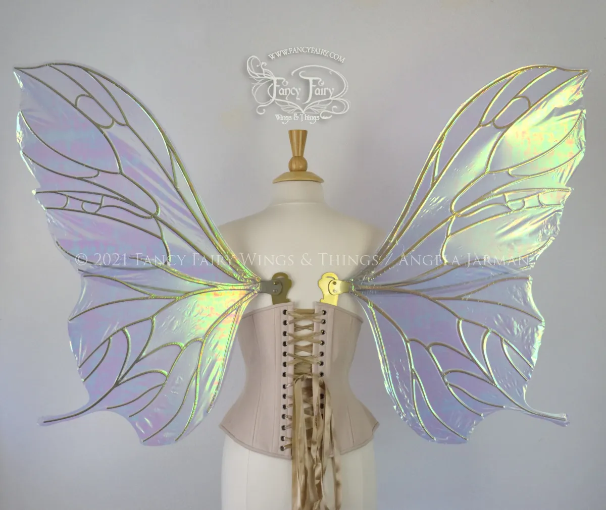 Extra Large Pansy Iridescent Convertible Fairy Wings in Baby Blue with Gold veins