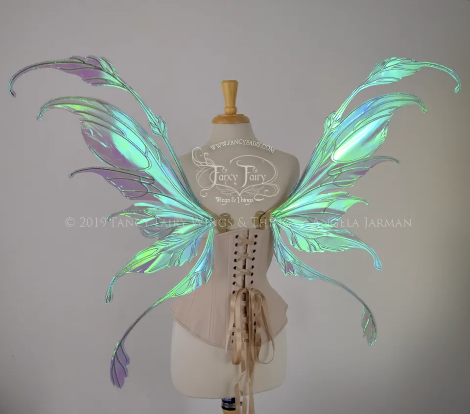 Fauna Iridescent Convertible Fairy Wings in Aquamarine with Candy Coat Gold veins