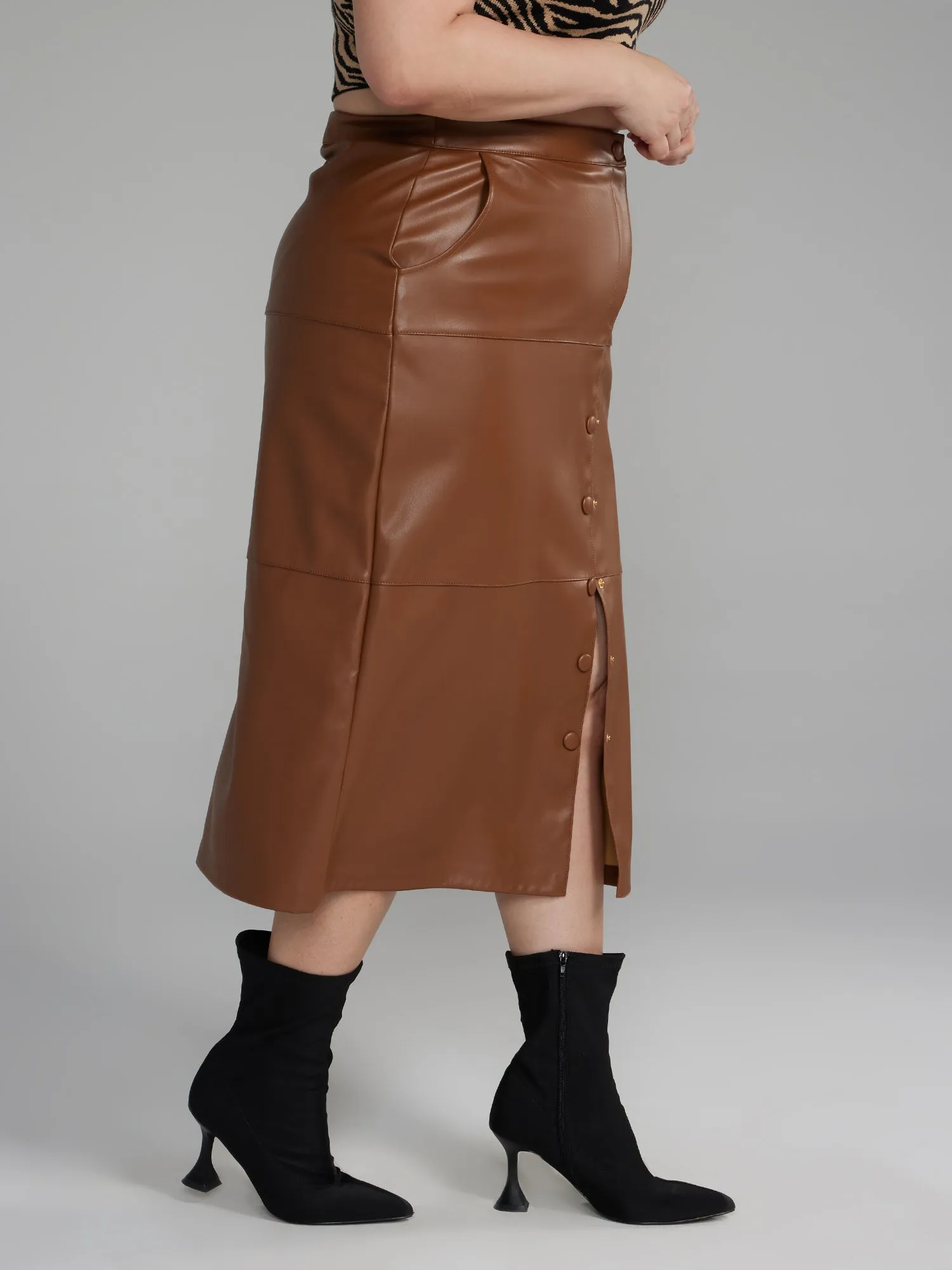 Faux Leather Front Slit Midi Skirt