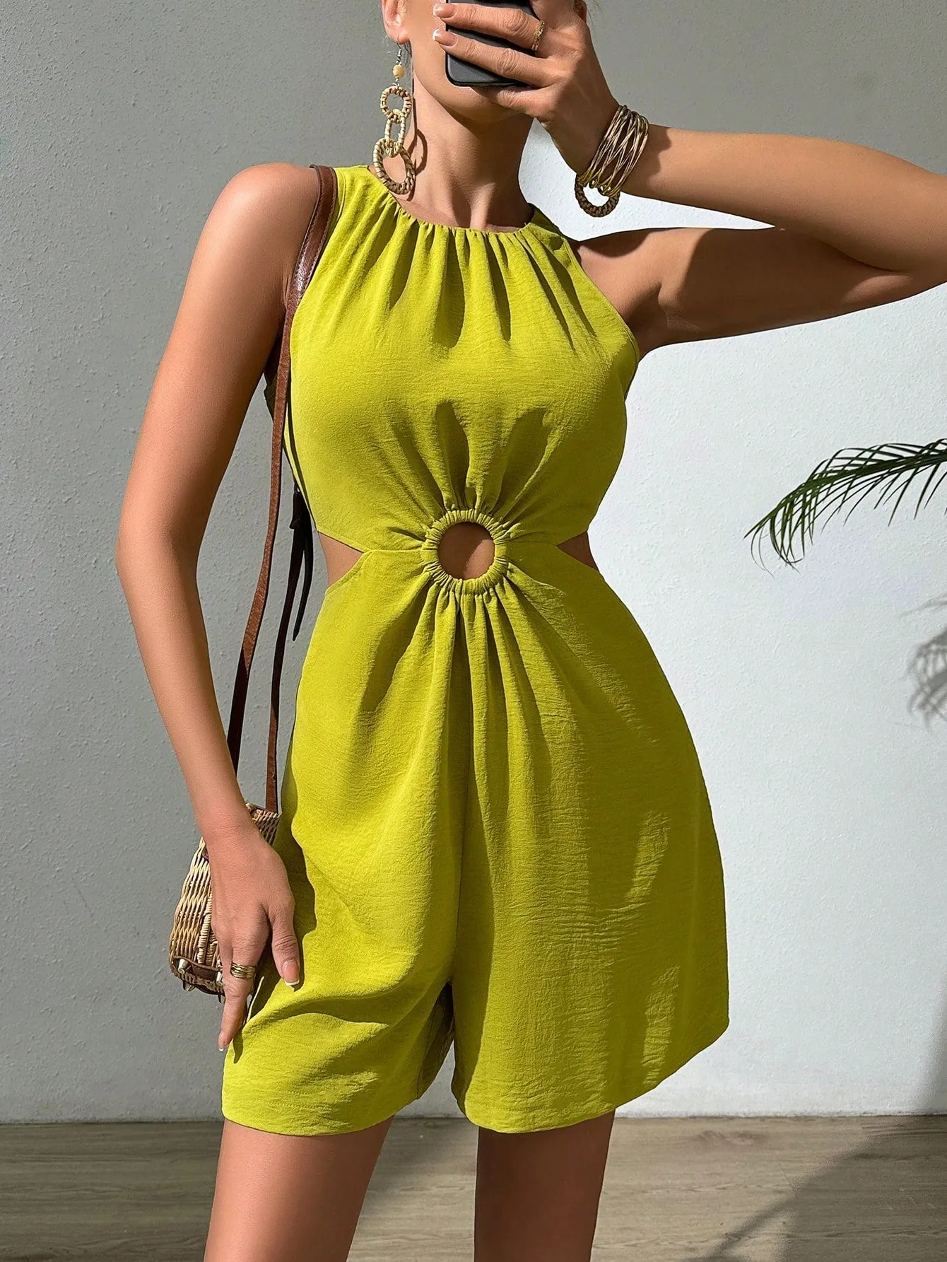 Frenchy Halter Neck Hollow Out Pleated Texture Romper