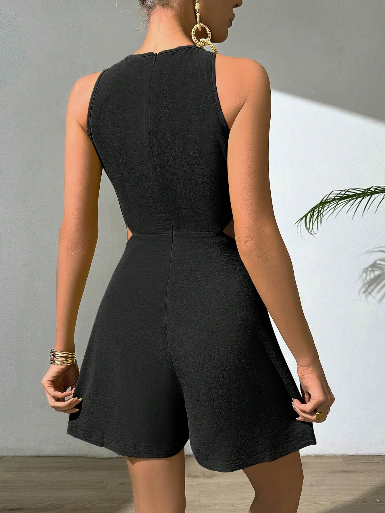 Frenchy Halter Neck Hollow Out Pleated Texture Romper