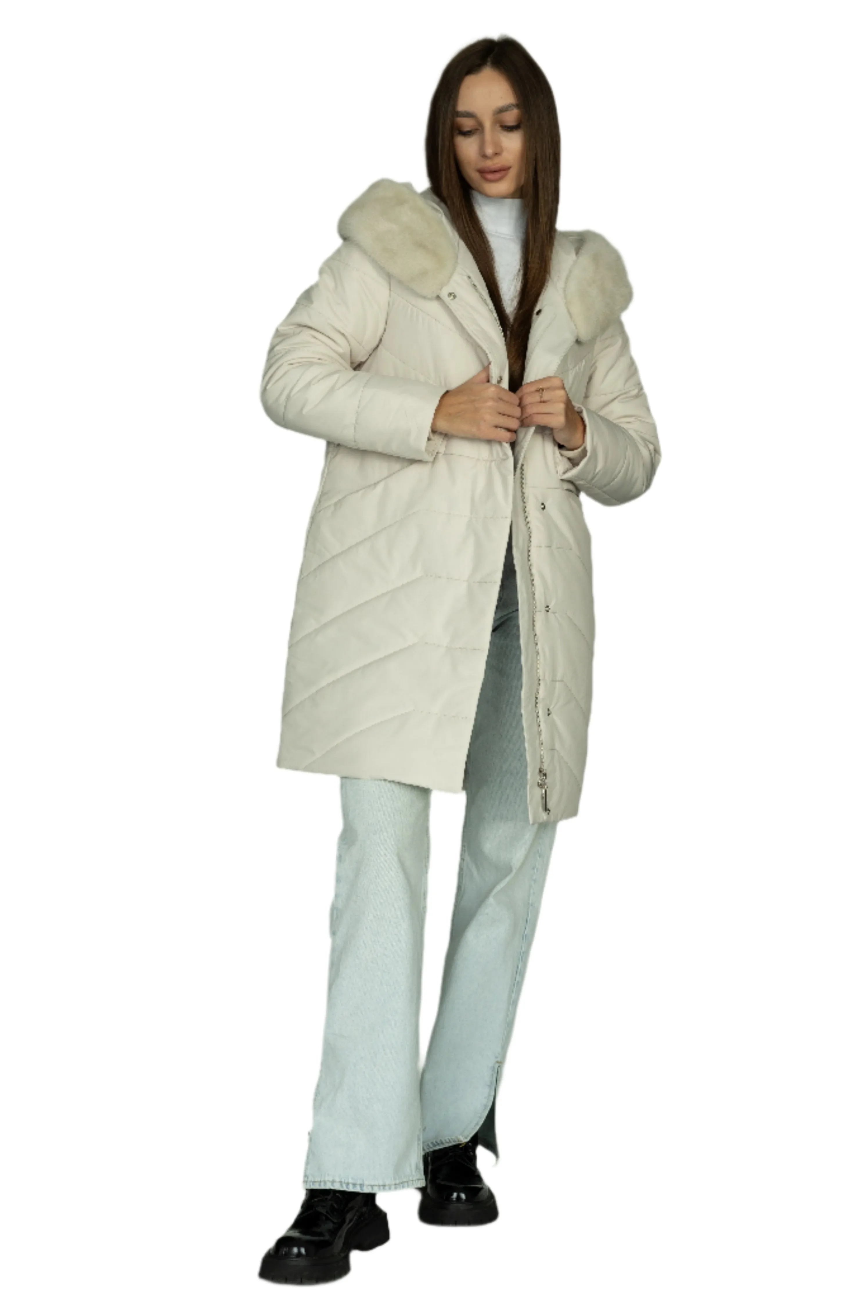 Genuine Mink Fur Trim Camel Wool Fill Coat