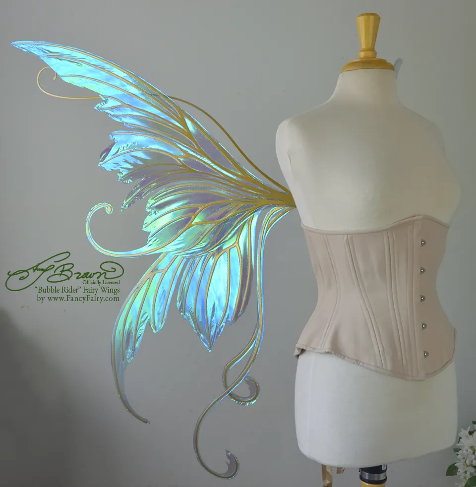 Giant Amy Brown Bubble Rider Iridescent Convertible Fairy Wings in Aquamarinewith Silver Veins