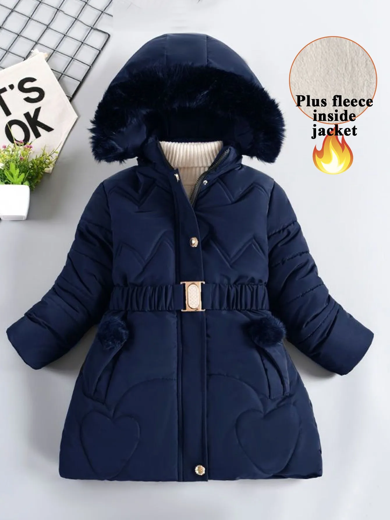 Girls Love Heart Plush Thickened Medium Length Hooded Quilted Jacket